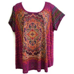 Lucky Brand Tee T Shirt Mandela Print Scoop Short Short Sleeve Red Orange 1X